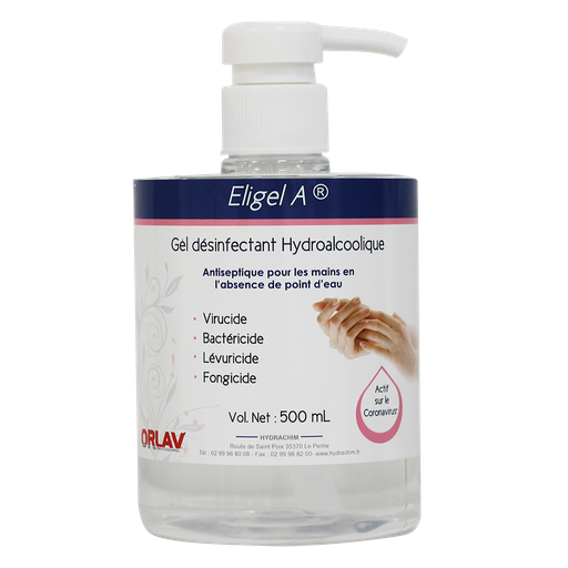 [250059] GEL HYDROALCOOLIQUE ELIGEL A flacon 500ml + pompe